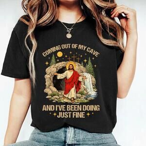 Jesus Coming Out Cave Shirt, Funny Easter Graphic Top, Religious Humor Tee
